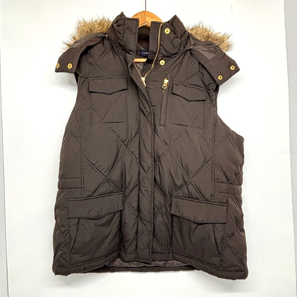Lands' End Hooded Faux Fur Quilted Vest Zip Snap Pockets Brown Women's XL 18-20